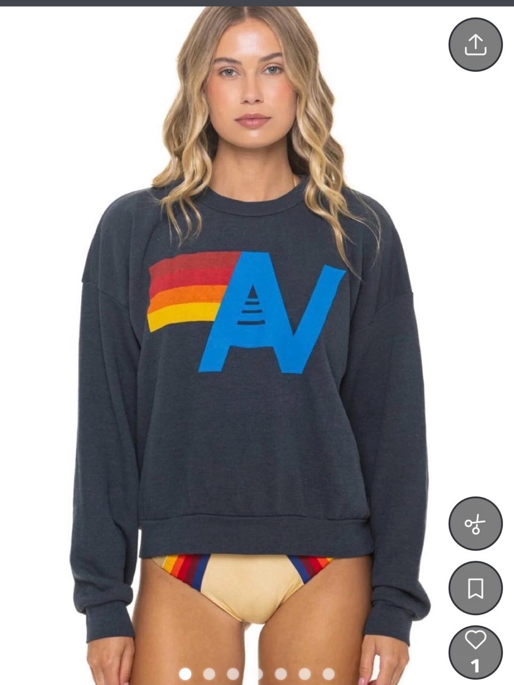 Aviator Nation Black Crewneck with Blue AV Logo and Red-Orange-Yellow Stripe